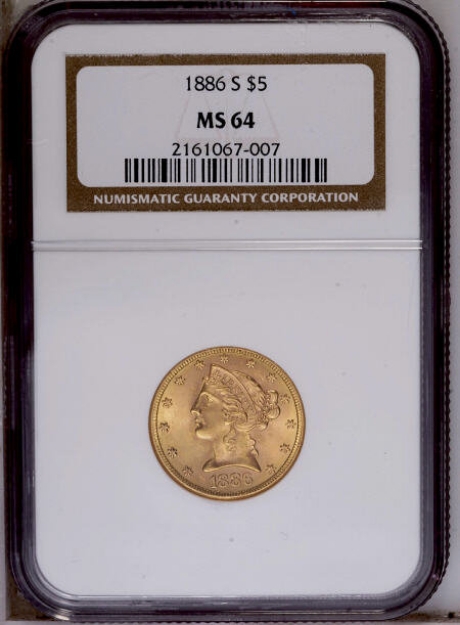 1886S $5 Liberty Half Eagle MS64